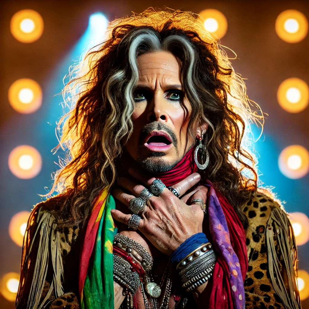 Steven Tyler agarrándose la garganta